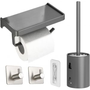 KAL-Porte-Papier Toilette Sans Perçage Avec 2 Crochets Adhésifs, Brosse Wc, Noir Et Support Mural Autocollant Pour Salle De Bain, Gris - Neuf