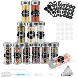 pot a epices ronds en verre,120 ml,avec couvercles en acier inoxydable,lot de 12,bocaux epices,pots à épices de cuisine,entonnoir inclus,brosse de nettoyage,stylo et autocollants - Neuf