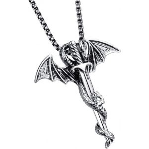 Kal-Bijoux Hommes Acier Inoxydable Flying Dragon Sword Collier Avec Pendentif - Neuf
