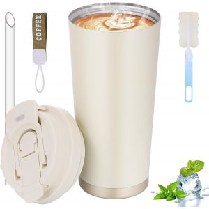 CMWS-530 ml Mug Isotherme Cafe, Tasses Isotherme Réutilisables avec Couvercles, Tasse Café Chaudes, Tasse de Voyage en 316 Acier Inoxydable pour Café Chaud et Froides, Lait et Thé (Beige) - Neuf
