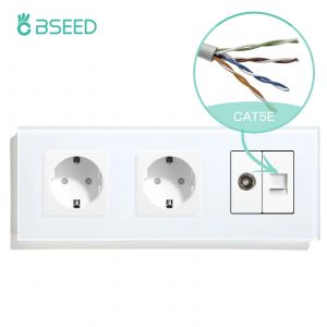 Bseed¿Prise Internet Simple Tv Cat5,Double Prise De Courant Ue Triple Allemande Avec Prises Murales De Télévision Rj45,Cadre En Verre.Double Socket White. - Neuf