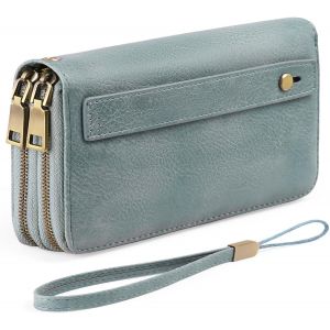 CAUC-Portefeuille Femme Grand, Porte Feuille Feminin Cuir V&eacute;g&eacute;talien Double Fermeture &agrave; Glissi&egrave;re, RFID Porte chequier, avec Multiples Poches Portefeuilles et Porte-Cartes Idee Cadeau Femmes - Neuf