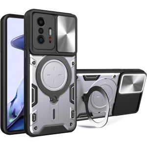 Kal-Coque Pour Xiaomi 11t Pro 5g / Xiaomi 11t 5g, Texture Métal Avancée Antichoc Armure Rigide Pc Housse, Mate Silicone Tpu Bumper Étui Avec Bague Support Et Caméra Couvercle (Argent) - Neuf