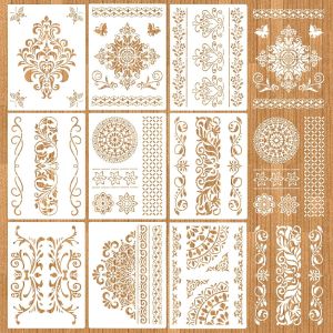 9 Pi&egrave;ces Mandala Fleur Pochoir Stencils Kit,Diy Dessin Peinture Pochoirs,Mandala Dot Painting Templates Accessoire Pour Murale Bois Meubles Scrapbooking D&eacute;coration (28x21cm) - Neuf