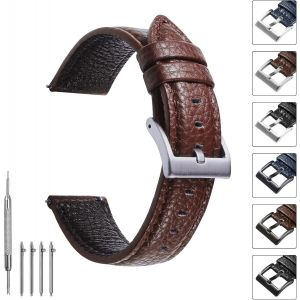 Eryi-Bracelet Montre En Cuir 20mm, Bracelet De Montre Noir Pour Homme En Cuir Litchi, Bracelets Montres Souple De Remplacement, Montre Bracelet Avec Boucle Argentée, 20mm 22mm - Neuf