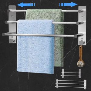 Porte Serviette Salle De Bain,Porte Serviette En Acier Inoxydable Extensible 37-70cm,Porte Serviette Murale 3 Barres Avec Crochets,Porte Serviette Sans Perçage Pour Salle De Bains Cuisine - Neuf