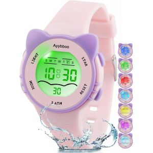Jgd-Montre Enfant,7 Lumières De Couleur Montre Pour Fille Garçon,Montre Digitale Enfant Pour Enfants Avec Motif De Chat,3atm Etanche/Quartz/Bracelet Souple Pour 4-12 - Neuf