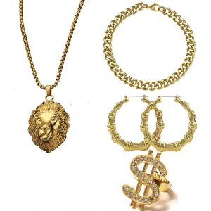 Kal-Hip Hop Punk Collier Et Bagues En Alliage Plaqué Or Avec Pendentif En Forme De Dollar Américain Et King Pour Chanteur De Rap - Neuf