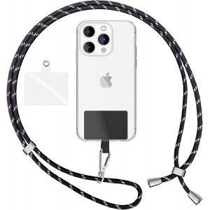 KAL-Lanière Universelle Coloré Pour Telephone Portable, Cordon Tour De Cou Pour Smartphone, Porte Clef Chaine Réglable Avec Crochet Métallique E Carte, Sangle Pour Épaule, Couleur:Noir Argent - Neuf