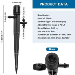 20 Pi&egrave;ces Goutteur Irrigation R&eacute;glable, 360 Degr&eacute;s Micro Asperseur Goutte &agrave; Goutte pour Tube 4/7 mm, Goutteur d'irrigation Insertion, Noir (avec Connecteur) - Neuf