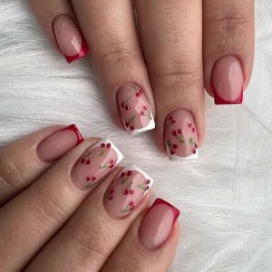 Stickers Manucure Française Rose Brillant Faux Ongles Mignon Motif Cerise Court Carré Faux Ongles Stickers Ongle Couverture Complète Rouge et Blanc Ongles Stickers Acry - Neuf