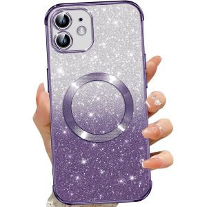 TRAHOO-Coque Magn&eacute;tique pour iPhone 12, Etui &agrave; Paillettes Compatible avec MagSafe, Antichoc Charge sans Fil Housse pour iPhone 12, avec 2 Verre Tremp&eacute;, Pourpre - Neuf