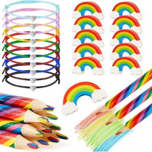 Kal-Set De 30 Arc-En-Ciel 10 Crayons De Couleur Arc-En-Ciel Pour 10 Gommes Arc-En-Ciel 10 Bracelets En Corde De C?ur Réglables Pour Hommes Femmes Cadeaux D'écriture - Neuf
