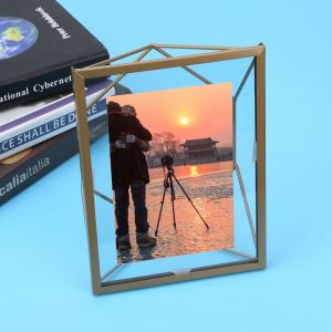 HJLIAN Cadre photo en metal geometrique, montage mural, presentoir de table (dore) - Neuf