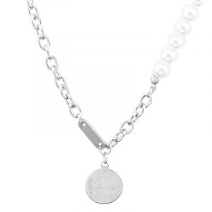 Collier Croix Double Face Chaîne Pièce Ronde Imitation Perle Collier Mixte Chaîne Clavicule Homme. - Neuf