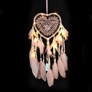 Attrape-rêves de plumes, attrape-rêves avec des plumes avec la lumière de LED, en forme de coeur fait main exquis, pour les enfants, la maison, la voiture, chambre à coucher (C) - Neuf