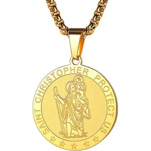 Kal-M&eacute;daille Saint Christophe Femme Homme Pendentif St Patrons Catholique Religieux Collier Amulette De Protection Plaqu&eacute; Or/Noir/Acier Inoxydable Bijoux Porte Bonheur (Bo&icirc;te Cadeau) - Neuf