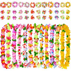 Collier Hawaien Fleurs 48 Pièces Collier Fleurs Hawaien,Collier De Fleurs Hawaienne,Inclure 24 Bracelets 12 Bandeaux Et 12 Colliers,Pour La Fête Hawaïenne De Pique-Nique De Mariage - Neuf