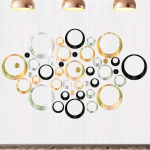 Sticker Miroir Cercle,72 Pcs Rond Pour D&eacute;corer Chambres,Salons,Bureaux - Design Effet 3D Mural (Noir,Or Et Argent) - Neuf