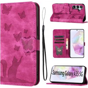 TRAHOO-Housse Protection pour Samsung Galaxy A35 Mat&eacute;riau en Cuir PU Coque Samsung A35 5G avec Fentes pour Cartes &Eacute;tui Motif Papillon Chat Coque Samsung A35 Rose - Neuf