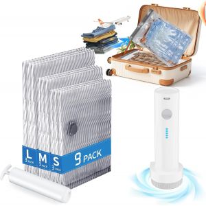 MEVRONISSHOP-Sac Sous Vide Vetement Aspirateur 9 Pi&egrave;ces, Housses de Rangement Sous Vide avec Pompe(3 x 40*60cm, 3 x 50*70cm, 3 x 60*80cm) R&eacute;utilisables Sac de Compression Voyage pour Couettes, Literi - Neuf