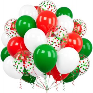 KALANKA-Ballons Noël, 60 Pièces 12 Pouces Blanc Rouges Verts Confettis Latex Ballon Baudruche avec Ruban pour Enfant Filles Garçons Fête Anniversaire Baby Shower Mariage Baptême Festival Décoration - Neuf