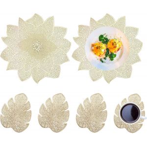 Eryi-Set Of 6 Set Table Rond Et Dessous Verre Ronds, Set Table Rond Évidé, Dessous Assiette Table, Pour Tables Antidérapantes, Anti-Rayures, Décoratives (Doré) - Neuf