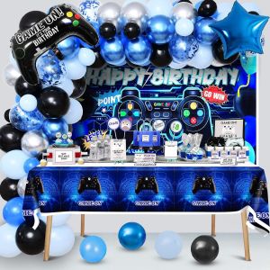 MEVRONISSHOP-D&eacute;coration Anniversaire Gar&ccedil;on Ballons de F&ecirc;te de Jeu Vid&eacute;o avec Happy Birthday Toile de Fond Nappe Arche de Ballon Anniversaire Bleu Noir pour Enfant - Neuf