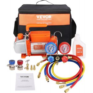 MEVRONISSHOP-Pompe &agrave; Vide Climatisation 100 L/min Pompe &agrave; Vide Frigoriste HVAC 150 W avec Kit Jauges et Tuyau Caoutchouc Tricolore 1440 tr/min Sac de Transport pour R134a Climatiseur Automobile R&eacute;fri - Neuf