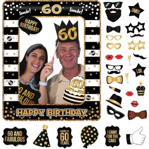 Sjzg-Photobooth 60 Ans,34pcs Kit Photobooth Anniversaire,Accessoires Photobooth Anniversaire,Accessoires Photobooth Anniversaire Avec Cadre Photo 60 Ans,Photobooth Props Accessoires De Selfie D&eacute;corat - Neuf