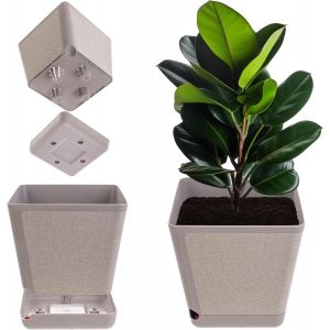 KALANKA-Pot de fleurs d&eacute;coratif - Pot de fleurs en plastique - Rectangulaire avec syst&egrave;me d'irrigation et r&eacute;servoir d'eau - Beige - 18 cm - Neuf