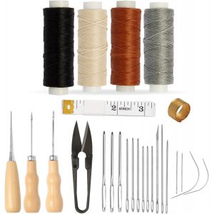 Mevronisshop-Kit De R&eacute;paration Cuir 46 Pi&egrave;ces - Aiguilles, Fil Cir&eacute; 4 Couleurs + Poin&ccedil;on, Pour Si&egrave;ges Auto, Sacs, Chaussures Et Projets Diy (4 Bobines De Fil Cir&eacute;) - Neuf