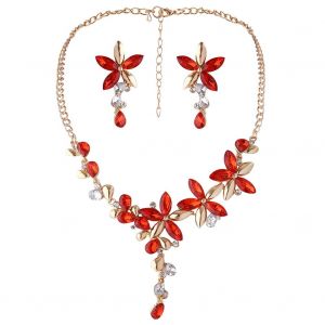 Parure De Bijoux Fantaisie Avec Collier Et Boucles D'oreilles En Forme De Feuille Et De Fleur Pour Femme, Avec Strass (Rouge) - Neuf