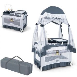 Lit B&eacute;b&eacute; Parapluie B&eacute;b&eacute; Pliant 4 En 1 Costway-Matelas,Moustiquaire De Yourte,Table &Agrave; Langer-2 Roues-Bo&icirc;te &Agrave; Musique,3 Jouets-Gris - Neuf