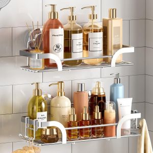 Lot de 2 Paniers de Douche &agrave; Ventouse Robustes pour l'int&eacute;rieur, Support de Douche en Acier Inoxydable pour Rangement de Salle de bain et D&eacute;coration d'int&eacute;rieur, Sans Per&ccedil;age, Argent&eacute; - Neuf