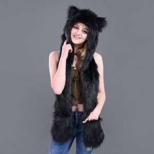 Fausse Fourrure Chapeau Animal 3 en 1 Nouveauté Hotte Casquette Earflap Écharpe Moufles Fonction de veste à Capuche, des Pattes de Poche en Peluche, noir - Neuf