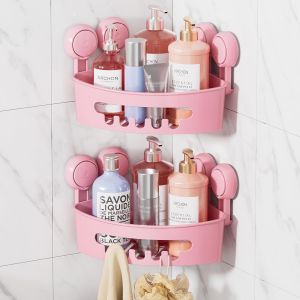 2PCS Etag&egrave;re Douche sans Per&ccedil;age Support Douche de Coin 1 Seconde Installation Charge 10KG Imp&eacute;rable Rangement pour Carrelage Paroi de la Salle de Bain & Cuisine,Rose - Neuf