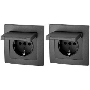 Lot de 2 prises encastr&eacute;es IP44, bornes enfichables, tout-en-un, s&eacute;rie ET-1, anthracite - Neuf