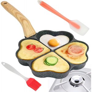 Kalanka-Poêle À Oeufs Au Plat En Forme De Coeur - 4 Trous - Avec Poignée En Bois - Anti-Adhésive - Avec Spatule En Silicone - Idéale Pour Cuisinière À Induction Et Cuisinière À Gaz (Noire) - Neuf