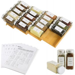 Organiseur De Tiroir À Épices Avec 18 Pots Et 216 Étiquettes,Caoutchouc Antidérapant,Plateau À Épices En Bambou À 4 Niveaux Pour Tiroirs De Cuisine,Armoires,Comptoirs - Neuf