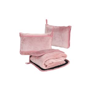 Ensemble couverture et oreiller de voyage pour avion et voiture, format compact 2 en 1, polyester doux, rose - Neuf