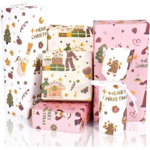 Papier Cadeau Noel,Papier Cadeau Kraft Rose Et Blanc Avec Sapin De No&euml;l Bonhomme De Neige Merry Christmas,6 Feuilles Papier Emballage Cadeau Noel Pour Enfants,Gar&ccedil;ons,Filles,70x50cm - Neuf