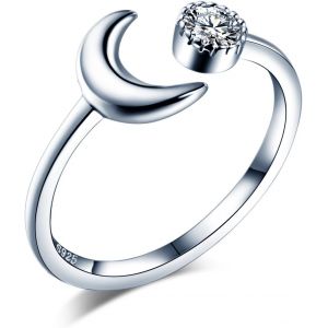 Bague Ajustable En Argent 925 Pour Femme Fille, Anneau Oouvert, Bague De Mariage, La Lune Orné Zirconium Brillant[Q2049] - Neuf