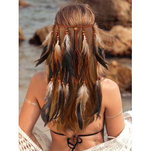 Kalanka-Serre-Tête Indien À Plumes Et Pompons Pour Femme - Style Hippie, Tribal - Marron - Taille Unique - Neuf