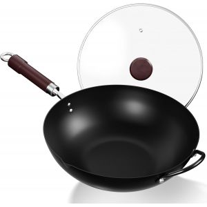 Subzonal-32 Cm/12,6'' Wok En Acier Au Carbone Avec Couvercle, Poign&eacute;es En Bois Et Acier, Permet De Cuisiner Des Plats Asiatiques Pour 3 &Agrave; 5 Personnes - Fond Plat - Neuf