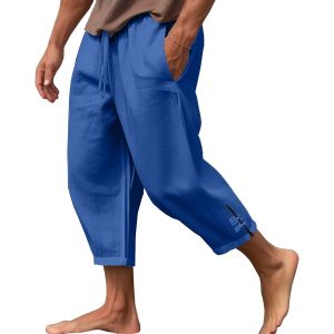Pantalon Homme Lin Été Pantalon Lin Homme Ample Pantalon Coton Lin Casual Pantalon En Lin Taille Elastique Léger Pantalon Plage Yoga Jogging Sport Décontracté Pants Baggy 7/8 Cordon Poches - Neuf