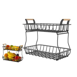 Corbeille &Agrave; Fruits En M&eacute;tal &Agrave; 2 Niveaux Avec Poign&eacute;es En Bois Pour Le Rangement Sur Le Comptoir De La Cuisine - Neuf
