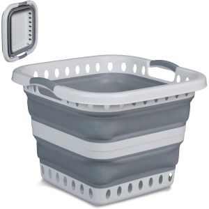 Panier à Linge, Pliable, Volume : 40 litres, poignées, en Plastique, HLP : 35 x 48,5 x 48,5 cm, Gris et Blanc - Neuf