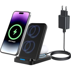 JGD-Chargeur sans fil 2 en 1 2 en 1 pour Samsung Galaxy S24 S23 S22 S21 S20 Google Pixel 9 Pro 8 a 7 6 iPhone 16 15 14 13 12 AirPods Pro 2 - Neuf