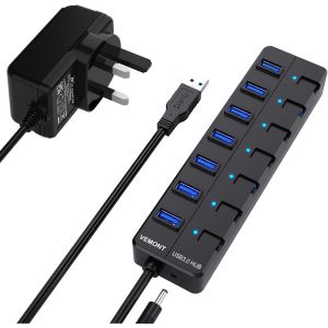 JGD-Hub USB 3.0 &agrave; 7 ports avec prise britannique, Ultra Slim High-Speed USB Splitter Extension de donn&eacute;es Hub avec adaptateur individuel LED et commutateurs Windows ordinateurs portables et Ultrabook - Neuf